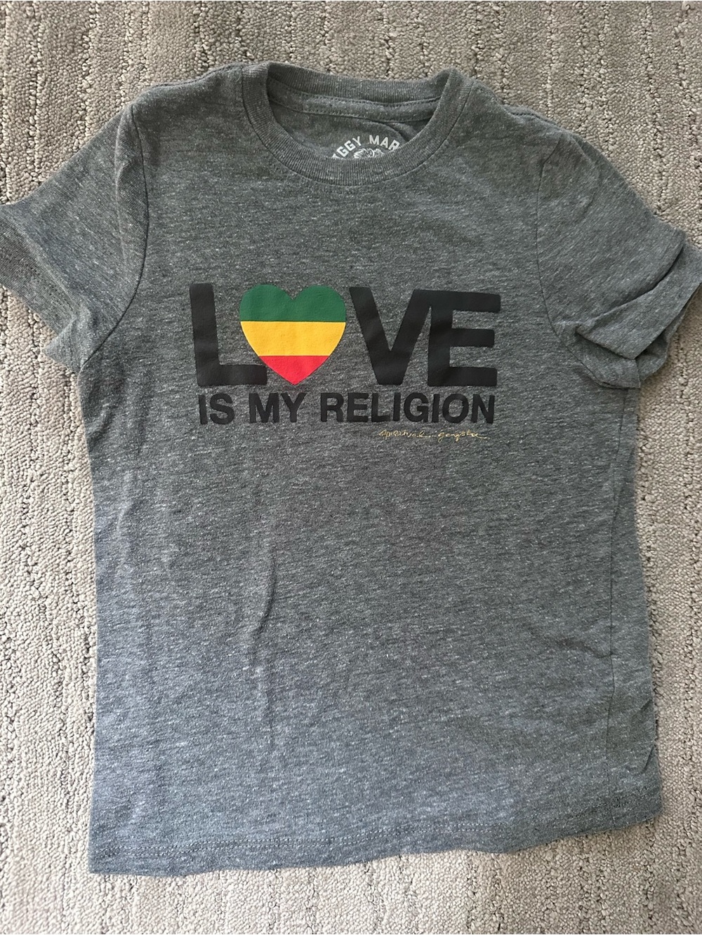 Spiritual Gangster Gray Tee with Green-Yellow-Red Heart Graphic